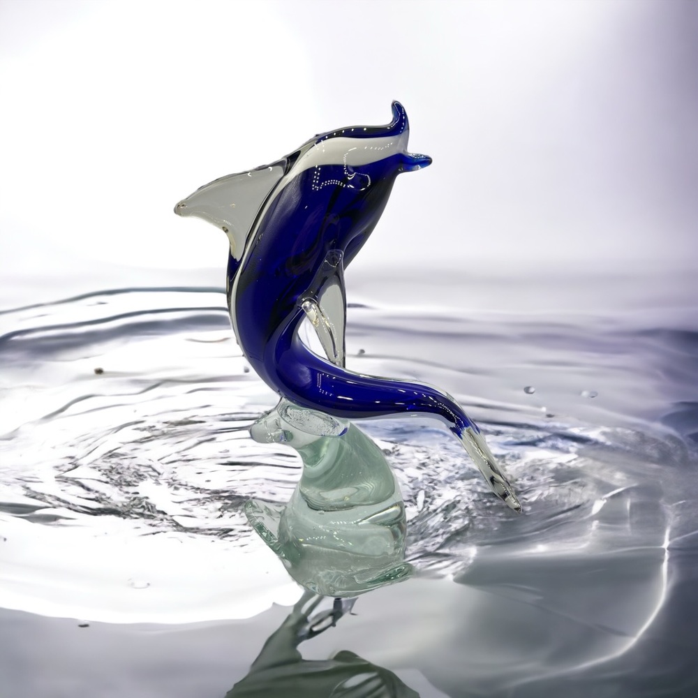 Vtg Italian Murano? Cobalt Blue Dolphin On Wave Sculpture Art Glass Paperweight